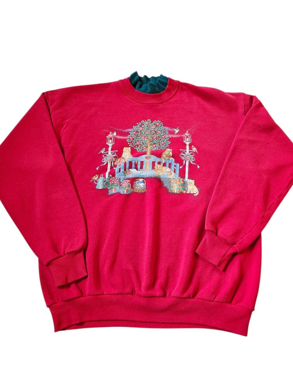 Vintage 90s Endless Designs Cat Garden Scene Sweatshirt - Red Double Collar XL